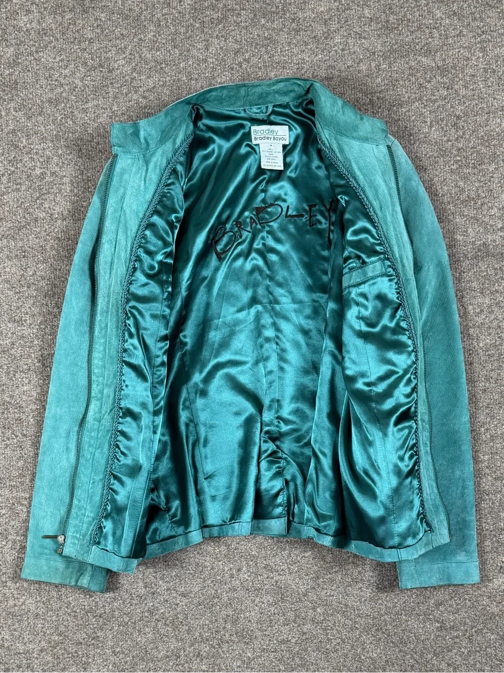 Y2K Bradley Teal Blue Suede Leather Jacket Women’s M Mandarin Collar Woven Trim - Picture 5 of 16